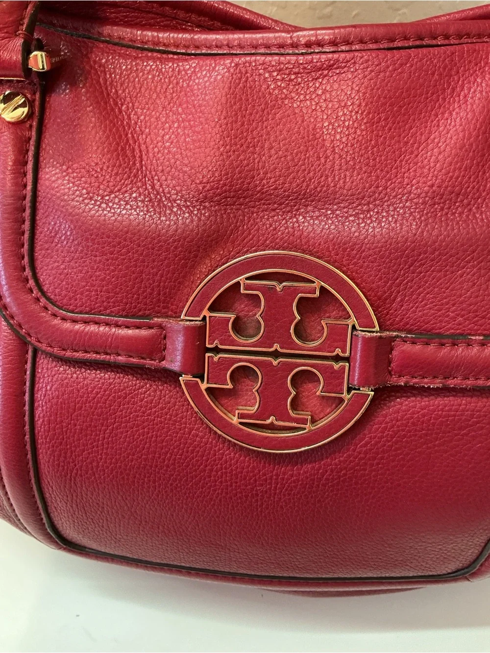 Tory Burch Amanda Pebbled Leather Red Raspberry crossbody tote bag